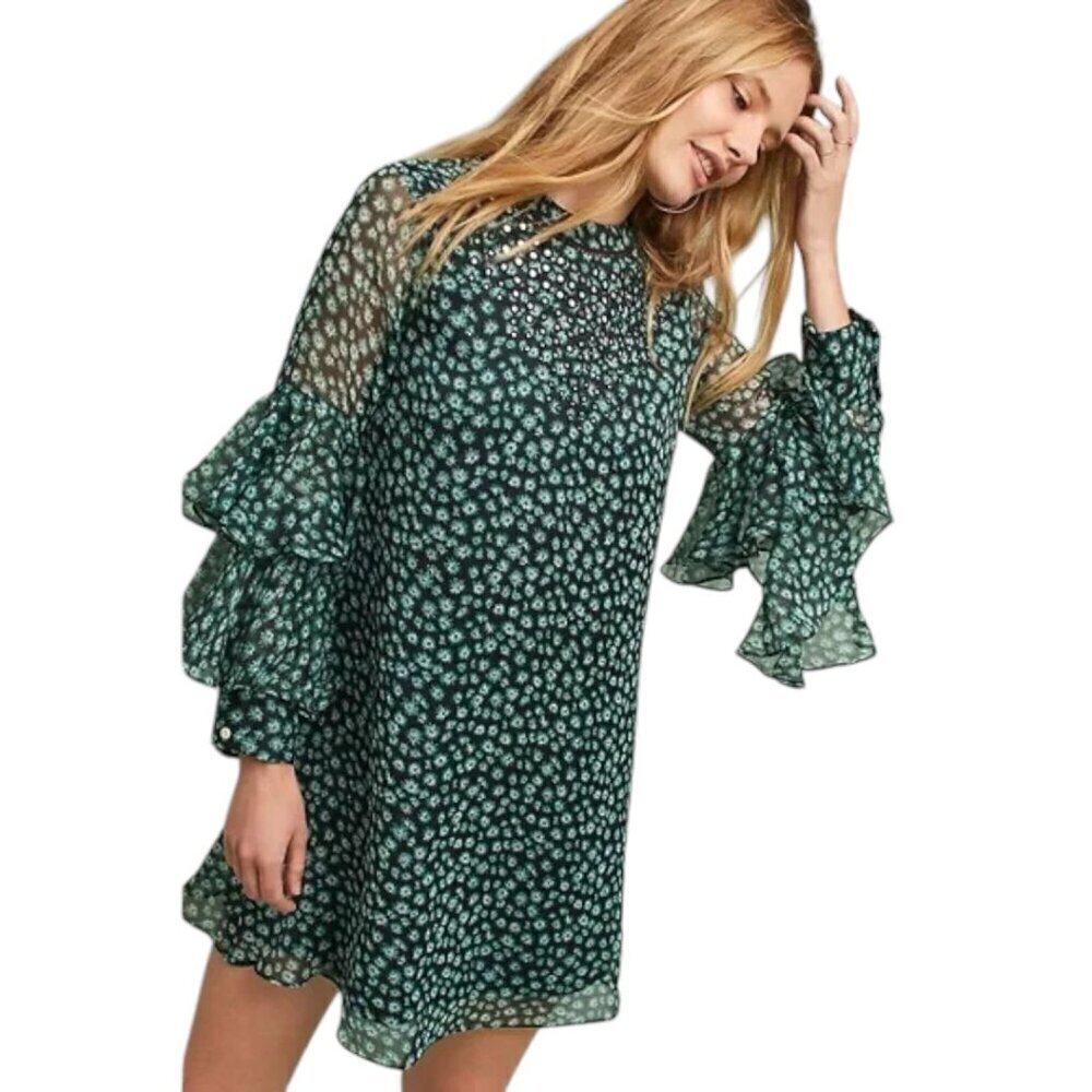Anthropologie Ranna Gill Fluttered Tunic Dress Ruffle Sleeves Blue Green Floral